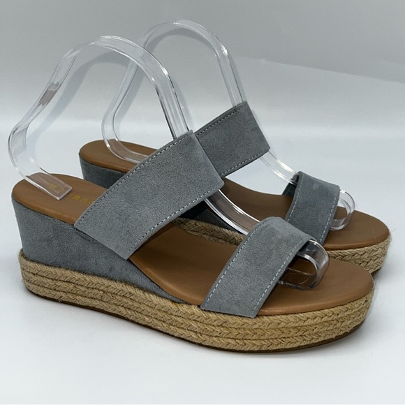 R4.4.3- Bamboo‎ espadrilles wedge sandals two strap light denim blue faux suede - Picture 1 of 8